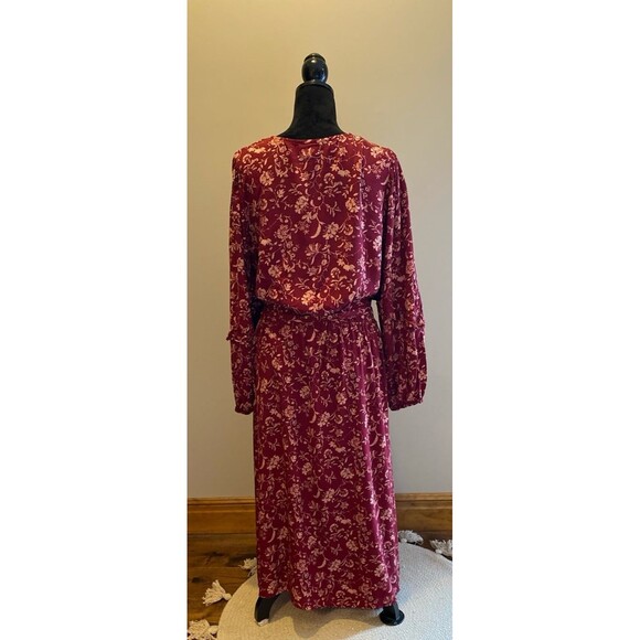 Knox Rose Sz XL Dress Peasant Cottagecore Burgundy Floral Faux Wrap V Neck - Picture 6 of 12